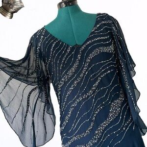 JKARA navy blue beaded flowy maxi formal dress with sheer flutter sleeves